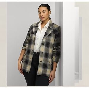 Lauren Ralph Lauren Plaid Wool Blend Twill Jacket Woman Size 22W Black Gray NWT